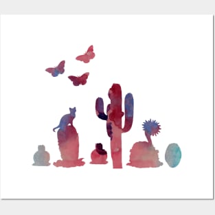 cacti, cat and butterflies Posters and Art